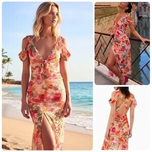 FOR LOVE AND LEMONS Pink Yellow Beth Ruched Corded Fitted Midi Dress size Medium